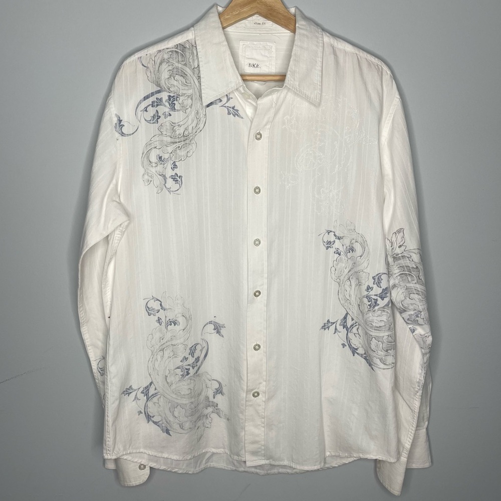 Men’s BKE floral white‎ size Slim fit button up down shirt large
